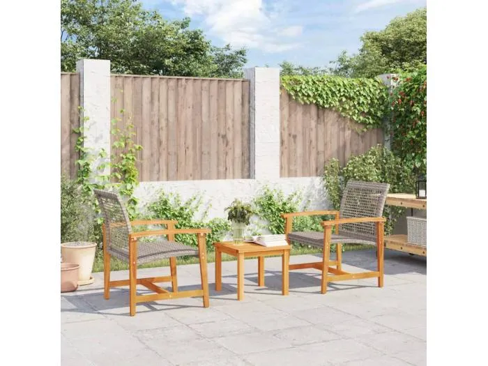 3-tlg. Bistro-Set Grau Poly Rattan und Akazienholz