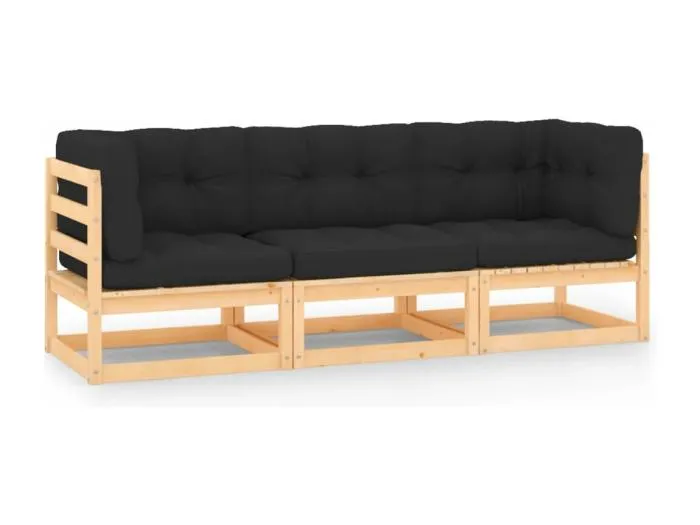 3-tlg. Garten-Lounge-Set mit Kissen Kiefer Massivholz