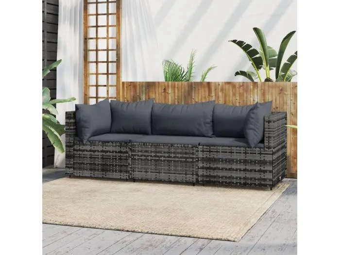 3-tlg. Garten-Lounge-Set mit Kissen Grau Poly Rattan