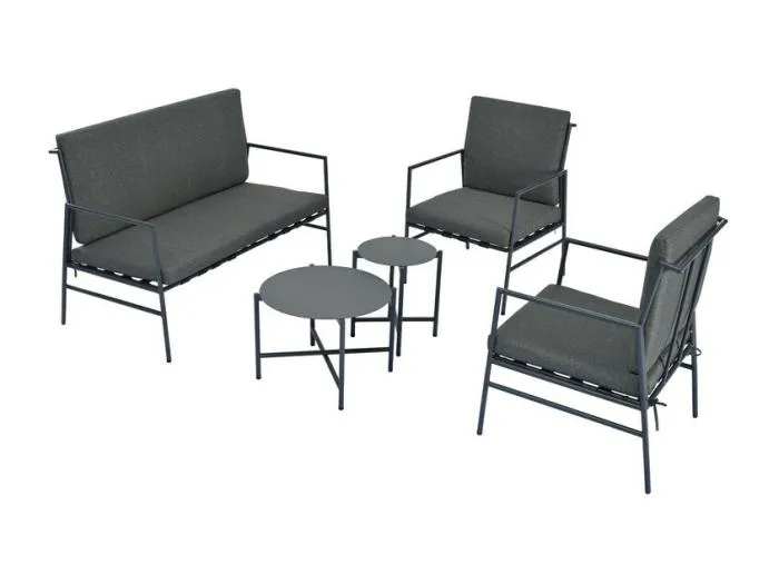 Garten-Lounge aus feuerverzinktem Stahl - 2-Sitzer Sofa + 2 Sessel + 2 runde Tische - graue Kissen