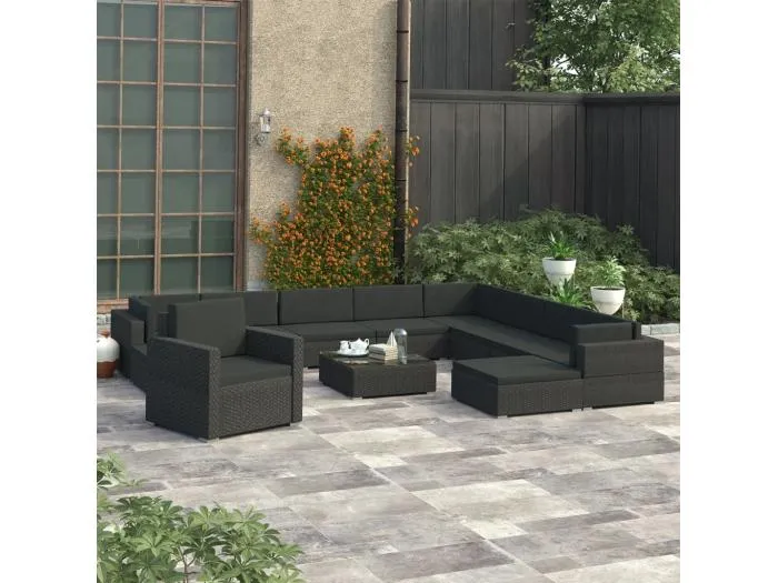 12-tlg. Garten-Lounge-Set mit Auflagen Poly Rattan Schwarz