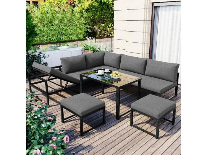 Gartenset aus Aluminium: 3-Sitzer Sofa, 2-Sitzer Sofa und Glastisch - mit Liegefunktion - Grau