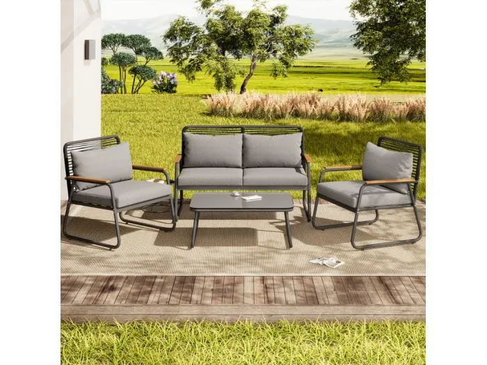 Gartenset für 4 Personen: 2-Sitzer Sofa, 2 Sessel und 1 Couchtisch - mit verzinktem Stahlrahmen - höhenverstellbare Beine