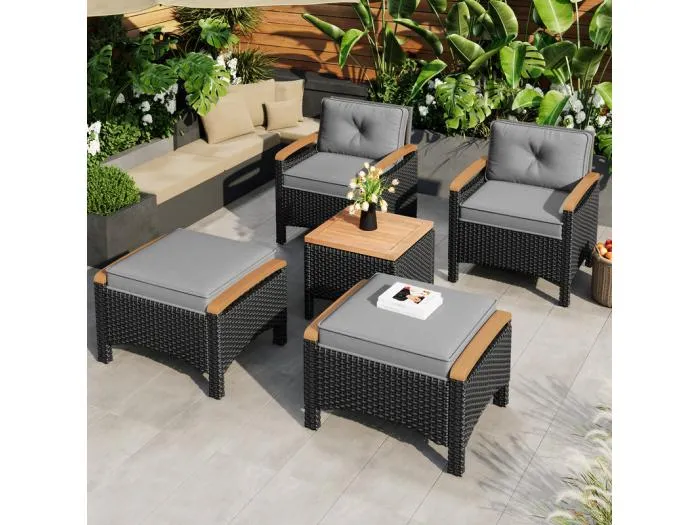 Set aus 2 Gartenrattansesseln mit 2 Hockern und Couchtisch - max. Belastung 160KG - Grau und Schwarz