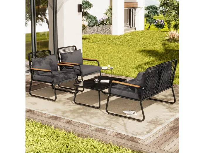 Gartenset für 4 Personen: Sicherheitsglas-Couchtisch, 2-Sitzer Sofa und 2 Sessel, höhenverstellbare Beine, mit Kissen, Schwarz