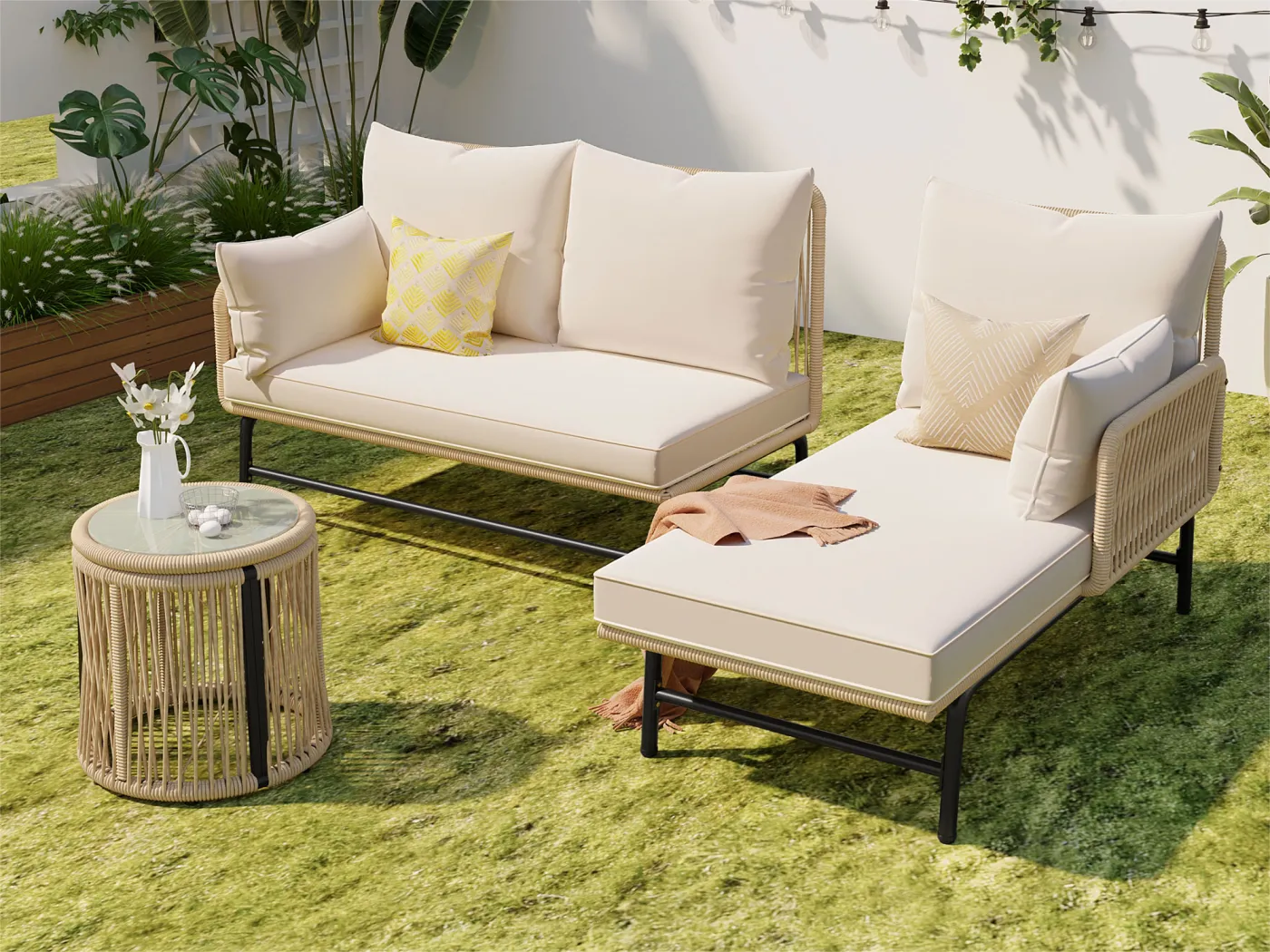 Eckgartenmöbel aus Metall und geflochtenem Seil: 2 Sofas + 1 Couchtisch – großer Komfort mit 7 Sitz- und Rückenkissen – Beige
