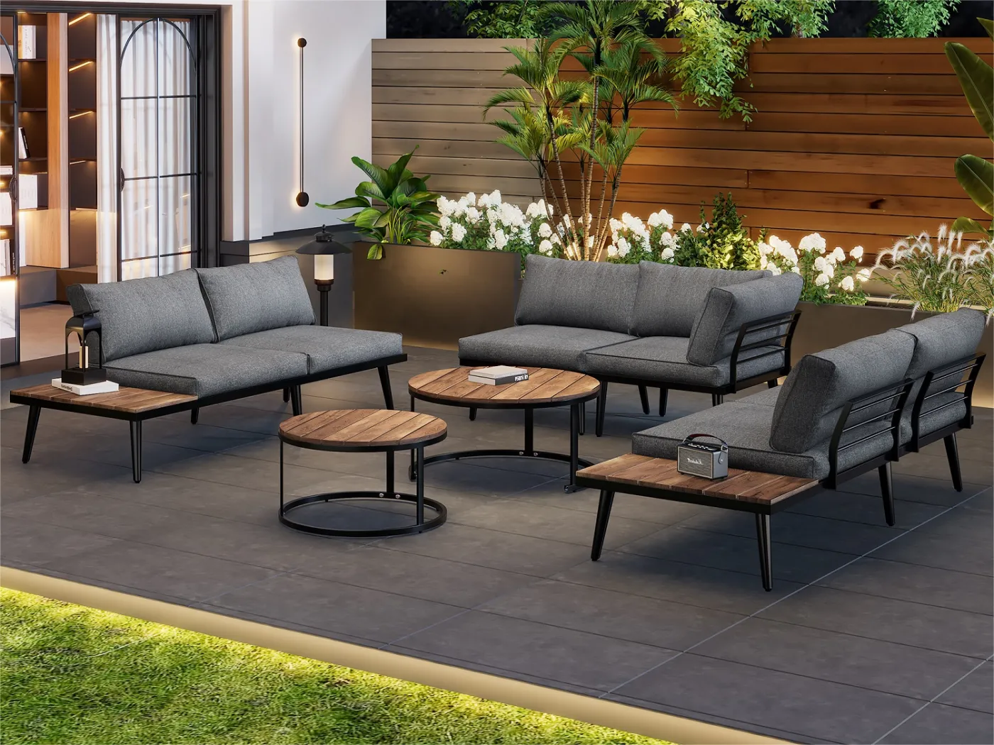 Modulares Gartenmöbelset für 6 Personen – 2 Sofas + 2 Stühle + Set mit 2 ausziehbaren Couchtischen – Farbe: Antikgrau + Braun