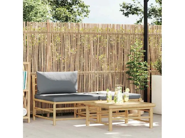 3-tlg. Garten-Lounge-Set mit Dunkelgrauen Kissen Bambus