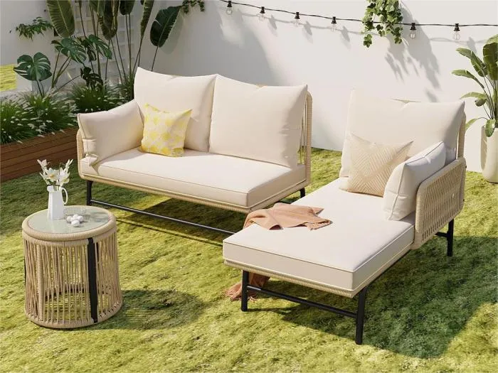 4-Sitzer-Gartenmöbel – Eckgartensofa aus Stahl und geflochtenem Seil – mit Couchtisch – Beige