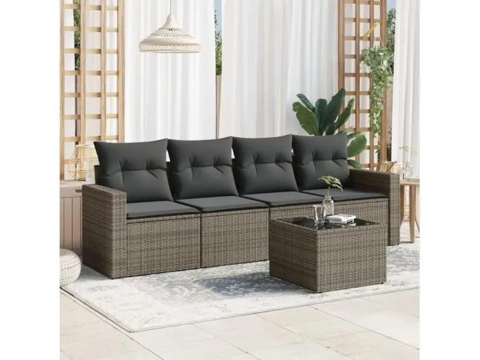 5-tlg. Garten-Sofagarnitur,Gartenmöbel-Set mit Kissen Grau Poly Rattan -gkd737922