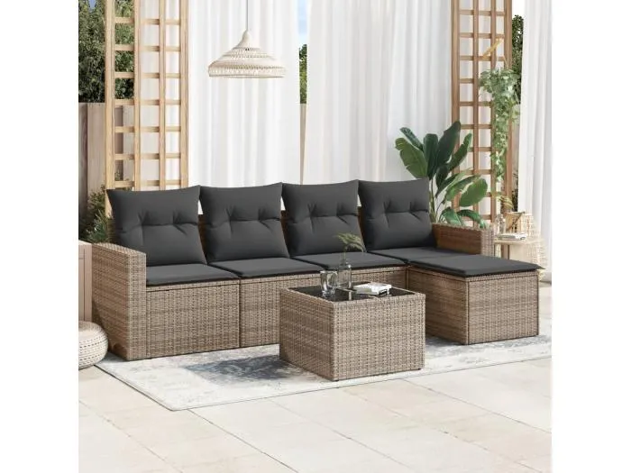6-tlg. Garten-Sofagarnitur,Gartenmöbel-Set mit Kissen Grau Poly Rattan -gkd487256
