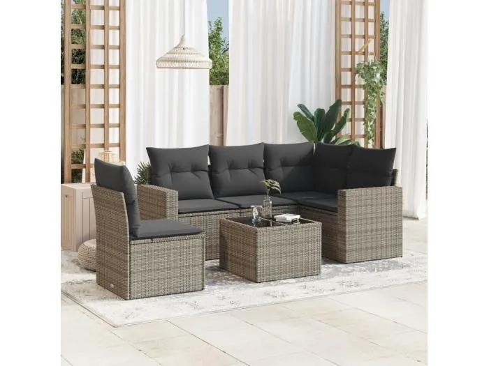 6-tlg. Garten-Sofagarnitur,Gartenmöbel-Set mit Kissen Grau Poly Rattan -gkd908326
