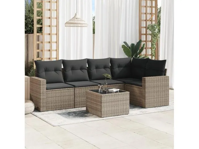 6-tlg. Garten-Sofagarnitur,Gartenmöbel-Set mit Kissen Grau Poly Rattan -gkd896349