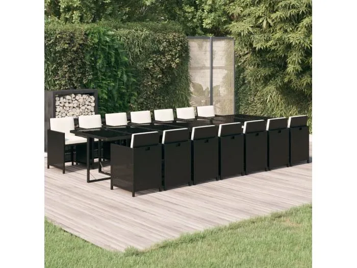 15-tlg. Garten-Essgruppe mit Kissen Poly Rattan Schwarz