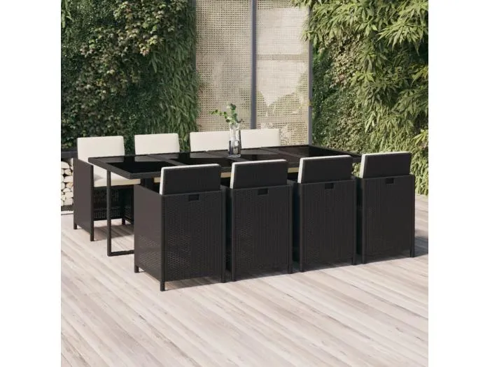 9-tlg. Garten-Essgruppe mit Kissen Poly Rattan Schwarz