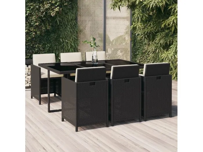 7-tlg. Garten-Essgruppe mit Kissen Poly Rattan Schwarz