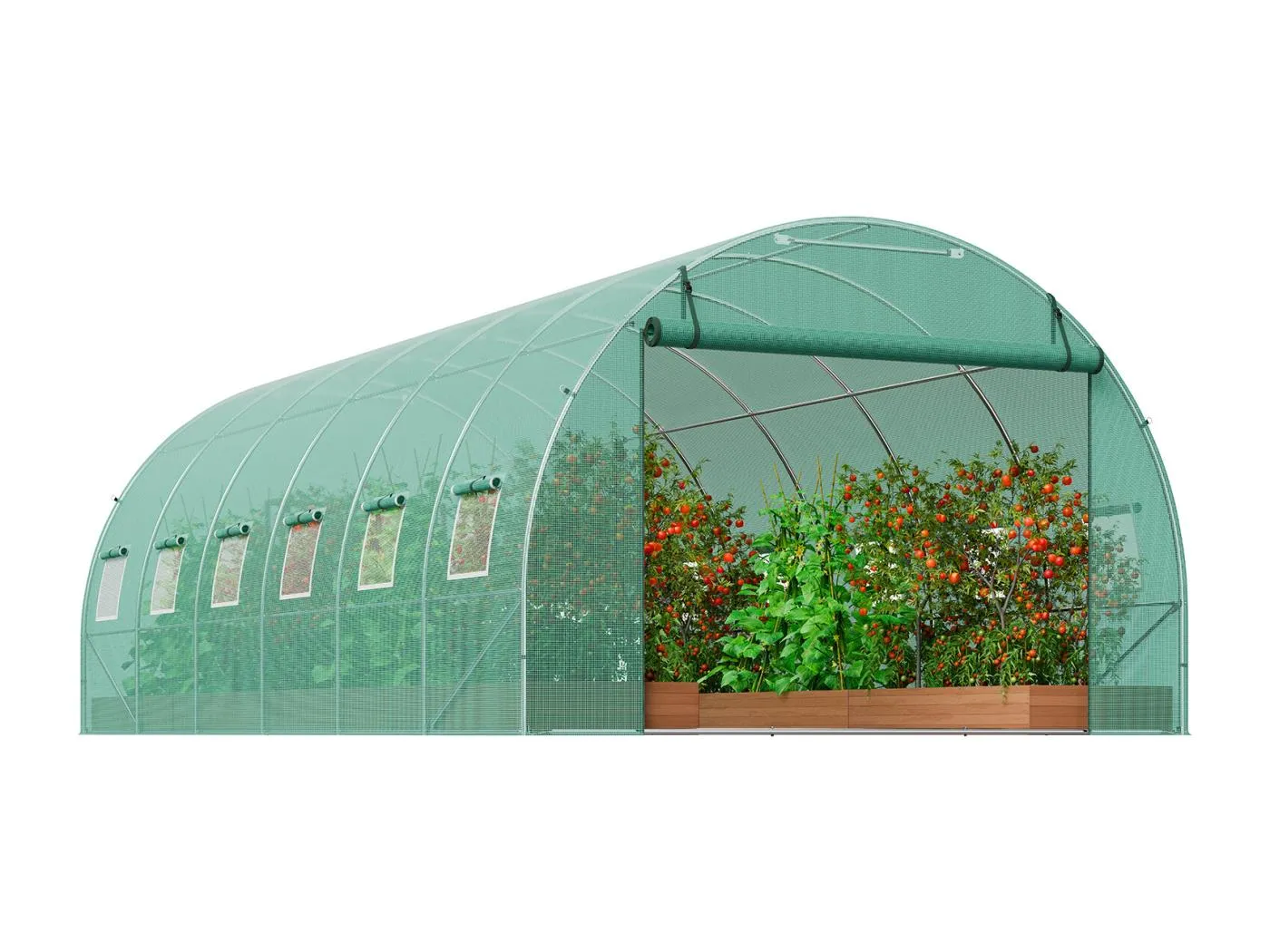 Tunnel-Gewächshaus SucceBuy 590x295x198 cm, Erdboden-Tunnel-Gewächshaus, Vergalvanisiertes Stahlgestell, Grün