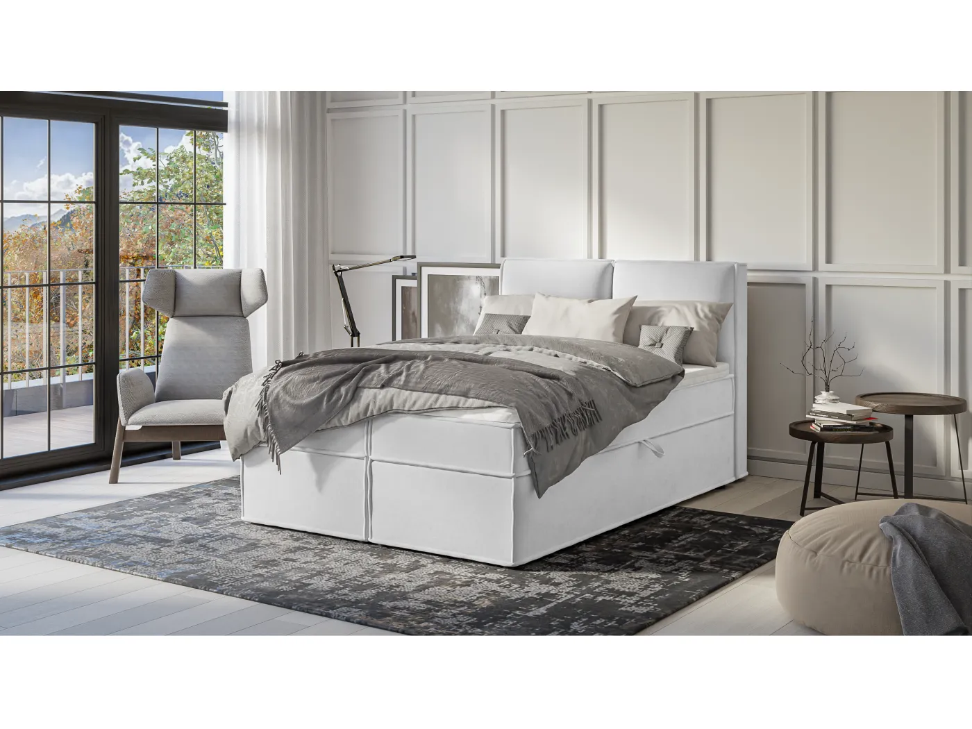 Dexter - Modernes Boxspringbett 140x200 mit Topper und Bettkästen aus Silber Luxusmicrofaser