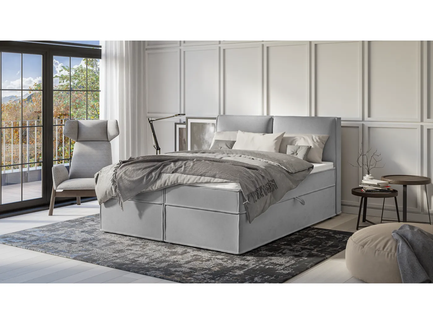 Dexter - Modernes Boxspringbett 160x200 mit Topper und Bettkästen aus Grau Luxusmicrofaser