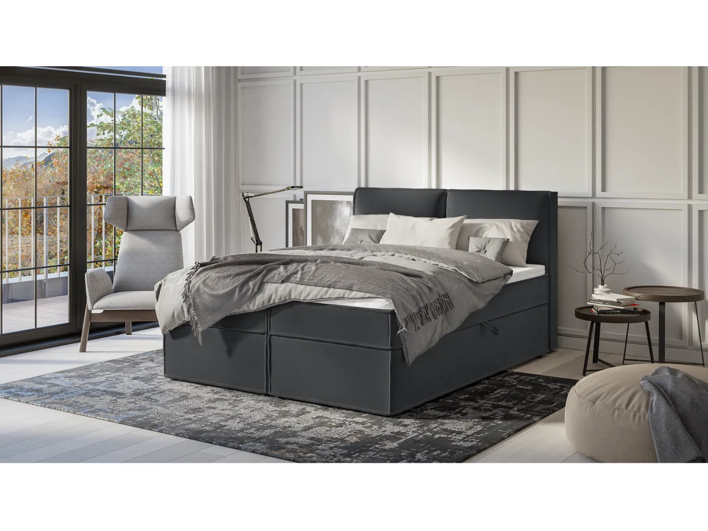 Dexter - Modernes Boxspringbett 160x200 mit Topper und Bettkästen aus Graphit Luxusmicrofaser