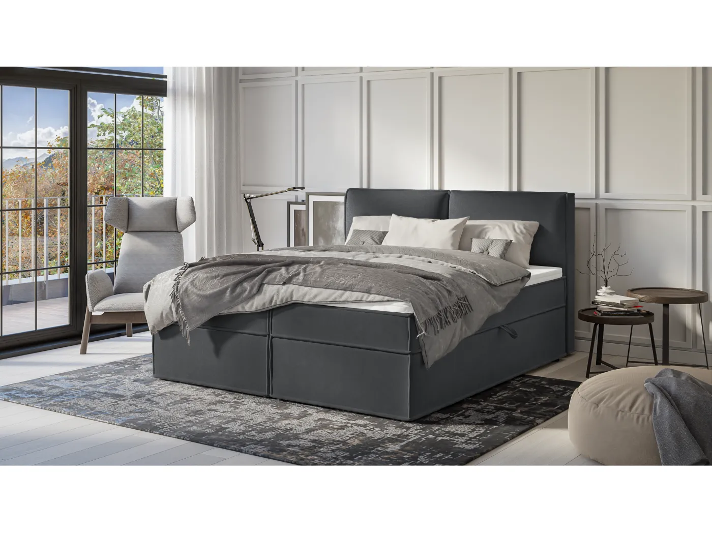 Dexter - Modernes Boxspringbett 180x200 mit Topper und Bettkästen aus Graphit Luxusmicrofaser