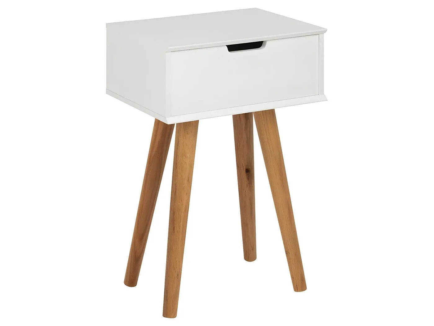 Mike Nachttisch mit 1 Schublade in weiss und Beinen aus Eiche.
