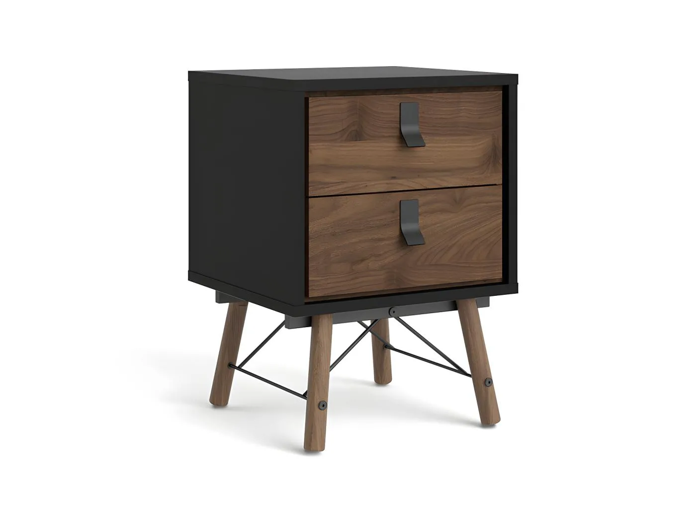 Rye Nachttisch 2 Schubladen mattschwarz, Walnuss Dekor.