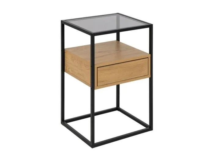 Randolf Nachttisch 1 Ablage, 1 Schublade, Glas rauchfarbenen, wild Eiche dekor.