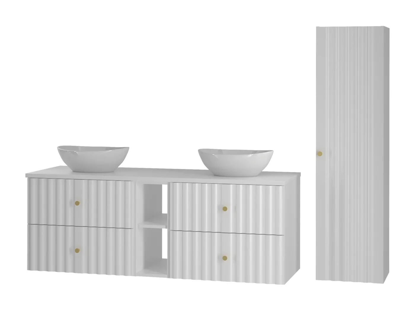 Weiß Badezimmer Set 140cm Schrank und Regal mit Arbeitsplatte und Waschbecken und Hochschrank Geriffelte Fronten Aqua