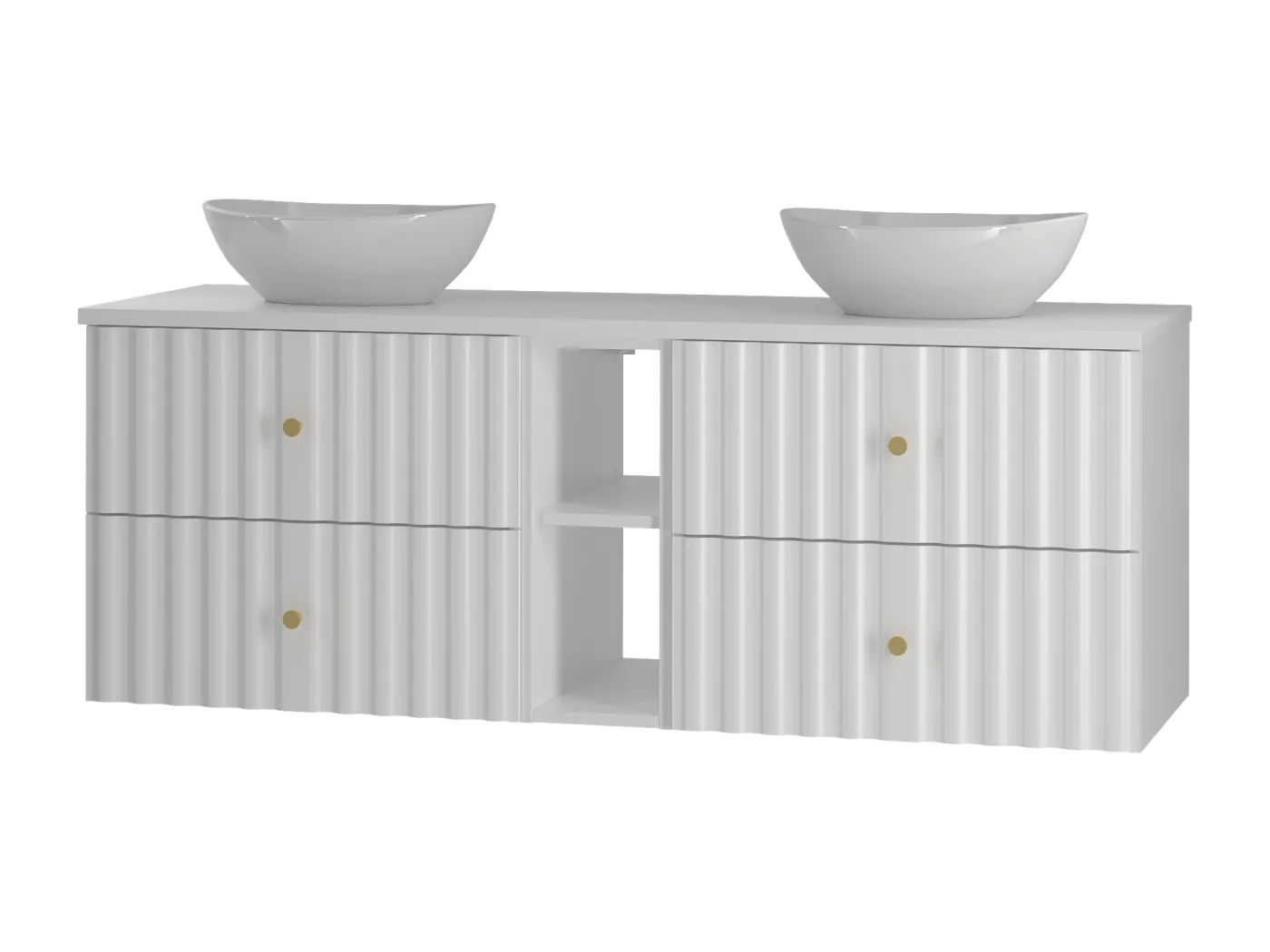 Weiß Badezimmer Set 140cm Schrank und Regal mit Arbeitsplatte und Waschbecken Geriffelte Fronten Aqua