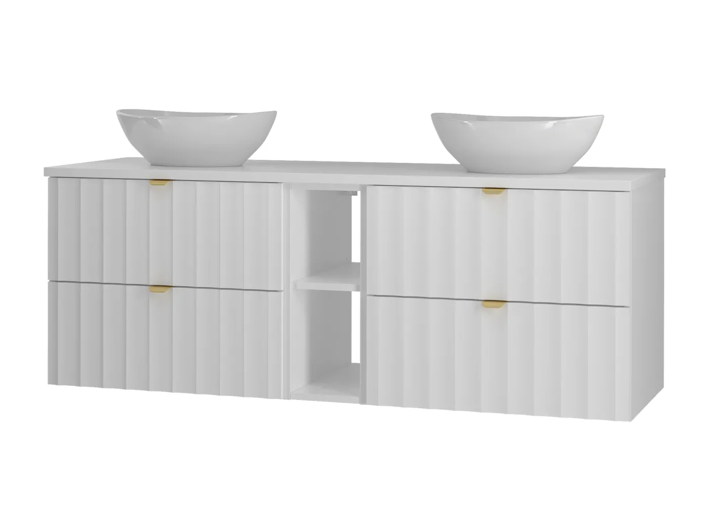 Weiß Badezimmer Set 140cm Schrank und Regal mit Arbeitsplatte und Waschbecken Geriffelte Fronten Arcos