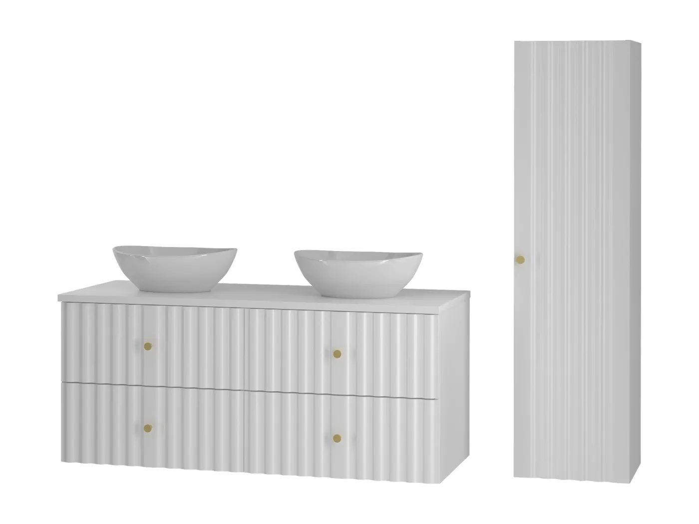 Weiß Bathroom Set 120cm Schrank mit Arbeitsplatte und Washbecken und Hochschrank geriffelte Front Aqua