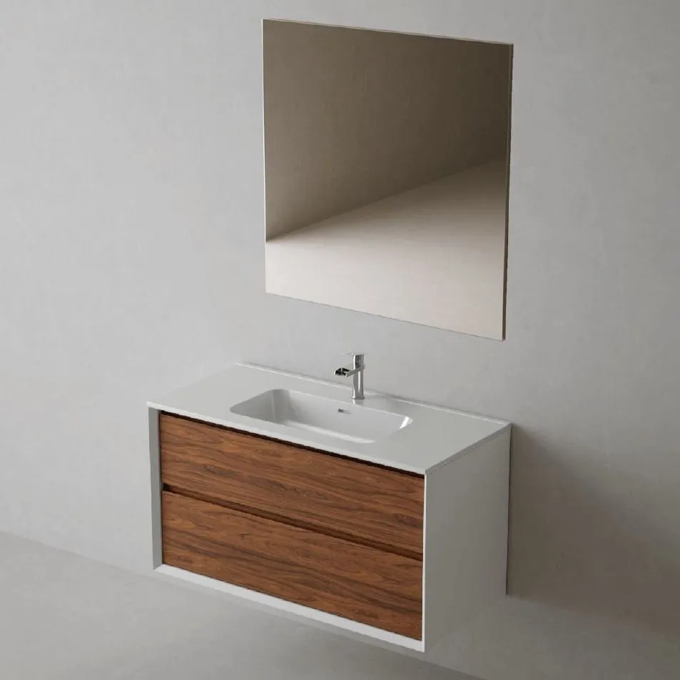 COOL SCHRANK 60CM WANDHÄNGEND 2 SCHUBALDEN MIT WASCHTISCH + SPIEGEL WEISS/NOGAL