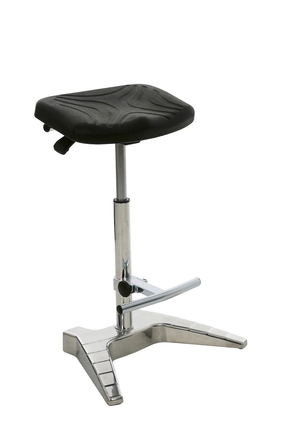 Stabile Stehhilfe Phoenix | Sitzhöhe 60-85cm | Tragfähigkeit 150kg | Polstersitze | mit integrierten Transportrollen & klappbarer Fußstütze | Schwarz