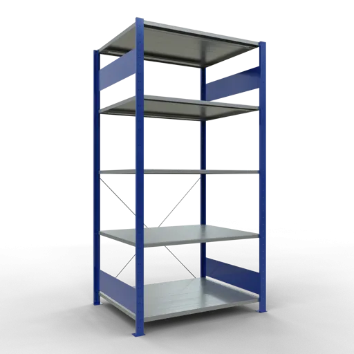 Schulte Fachbodenregal MULTIplus150 Stecksystem | Grundregal | HxBxT 200x100x80cm | 5 Ebenen | Fachlast 150kg | Enzianblau/Verzinkt