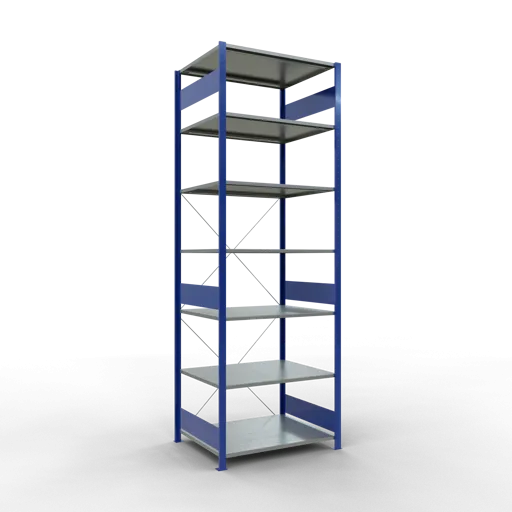 Schulte Fachbodenregal MULTIplus150 Stecksystem | Grundregal | HxBxT 300x100x80cm | 7 Ebenen | Fachlast 150kg | Enzianblau/Verzinkt