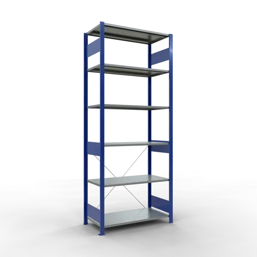 Schulte Fachbodenregal MULTIplus150 Stecksystem | Grundregal | HxBxT 250x100x50cm | 6 Ebenen | Fachlast 150kg | Enzianblau/Verzinkt