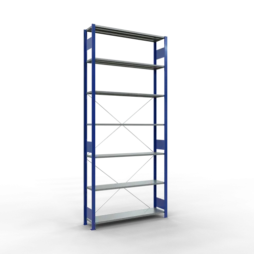 Schulte Fachbodenregal MULTIplus150 Stecksystem | Grundregal | HxBxT 300x130x30cm | 7 Ebenen | Fachlast 150kg | Enzianblau/Verzinkt