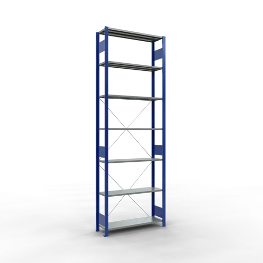 Schulte Fachbodenregal MULTIplus150 Stecksystem | Grundregal | HxBxT 300x100x30cm | 7 Ebenen | Fachlast 150kg | Enzianblau/Verzinkt