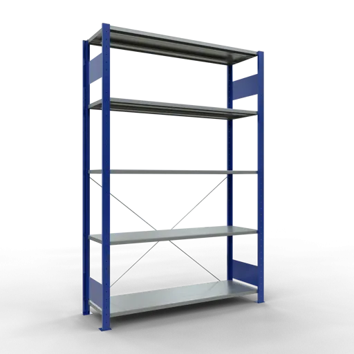 Schulte Fachbodenregal MULTIplus150 Stecksystem | Grundregal | HxBxT 200x130x40cm | 5 Ebenen | Fachlast 150kg | Enzianblau/Verzinkt