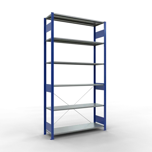 Schulte Fachbodenregal MULTIplus150 Stecksystem | Grundregal | HxBxT 250x130x40cm | 6 Ebenen | Fachlast 150kg | Enzianblau/Verzinkt