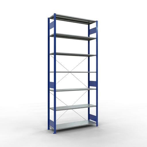 Schulte Fachbodenregal MULTIplus150 Stecksystem | Grundregal | HxBxT 300x130x40cm | 7 Ebenen | Fachlast 150kg | Enzianblau/Verzinkt