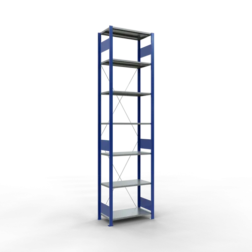 Schulte Fachbodenregal MULTIplus150 Stecksystem | Grundregal | HxBxT 300x75x40cm | 7 Ebenen | Fachlast 150kg | Enzianblau/Verzinkt