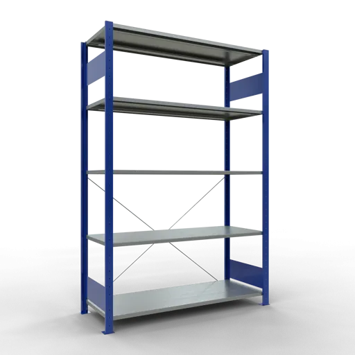 Schulte Fachbodenregal MULTIplus150 Stecksystem | Grundregal | HxBxT 200x130x50cm | 5 Ebenen | Fachlast 150kg | Enzianblau/Verzinkt