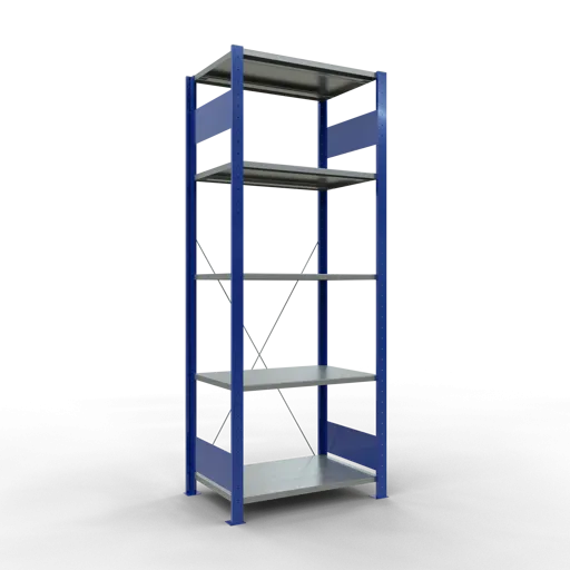 Schulte Fachbodenregal MULTIplus150 Stecksystem | Grundregal | HxBxT 200x75x50cm | 5 Ebenen | Fachlast 150kg | Enzianblau/Verzinkt