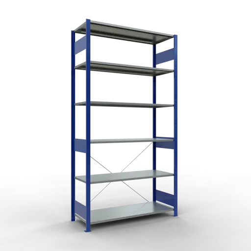 Schulte Fachbodenregal MULTIplus150 Stecksystem | Grundregal | HxBxT 250x130x50cm | 6 Ebenen | Fachlast 150kg | Enzianblau/Verzinkt