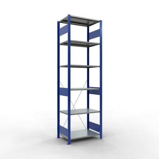 Schulte Fachbodenregal MULTIplus150 Stecksystem | Grundregal | HxBxT 250x75x50cm | 6 Ebenen | Fachlast 150kg | Enzianblau/Verzinkt
