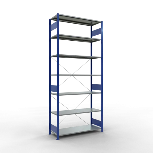 Schulte Fachbodenregal MULTIplus150 Stecksystem | Grundregal | HxBxT 300x130x50cm | 7 Ebenen | Fachlast 150kg | Enzianblau/Verzinkt