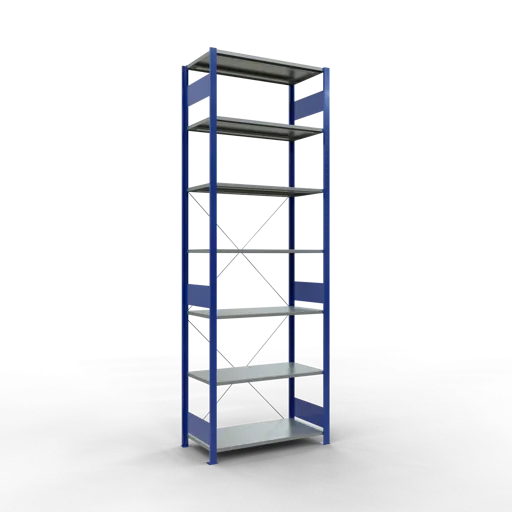 Schulte Fachbodenregal MULTIplus150 Stecksystem | Grundregal | HxBxT 300x100x50cm | 7 Ebenen | Fachlast 150kg | Enzianblau/Verzinkt
