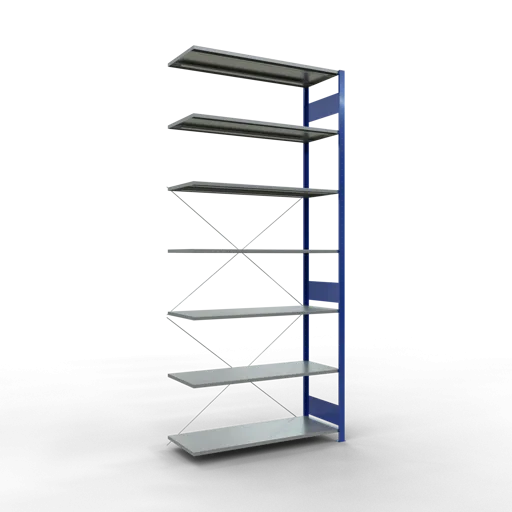 Schulte Fachbodenregal MULTIplus150 Stecksystem | Anbauregal | HxBxT 300x130x50cm | 7 Ebenen | Fachlast 150kg | Enzianblau/Verzinkt